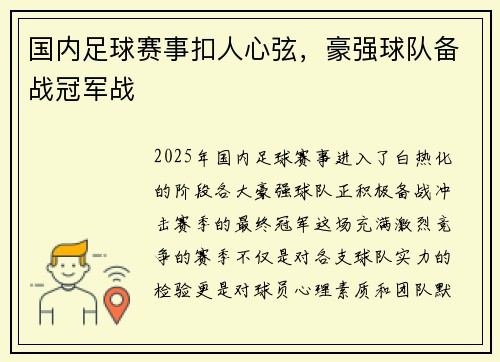 国内足球赛事扣人心弦，豪强球队备战冠军战