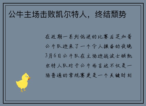 公牛主场击败凯尔特人，终结颓势